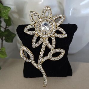 Large Statement Gold Crystal Flower Brooch Pin